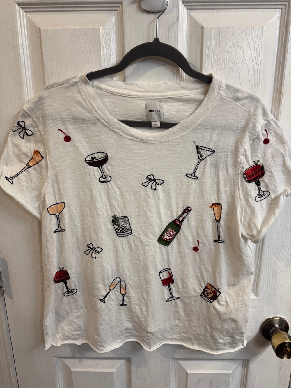 Maeve White Cocktail Embroidered Short Sleeve Tee